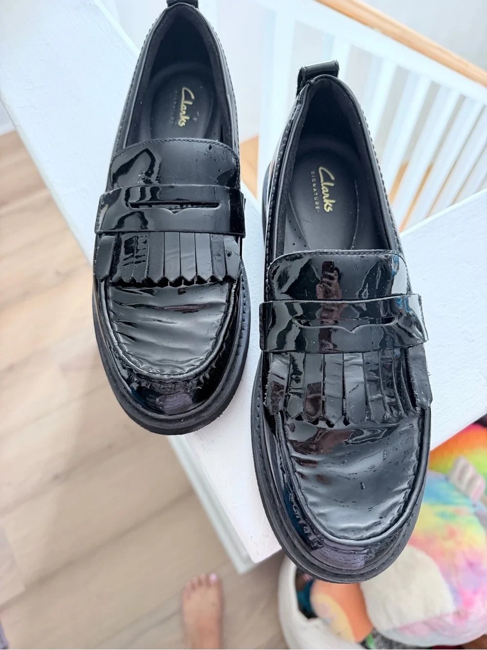 NWOT Clarks Orianna women's platform loafers in black patent leather